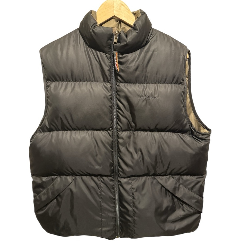LL Bean Mens Reversable Khaki and Black Quilted Down Puffer Vest, Size M Reg